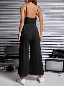 SHEIN PETITE 纯色露背吊带背心夏季女式黑色连体裤
