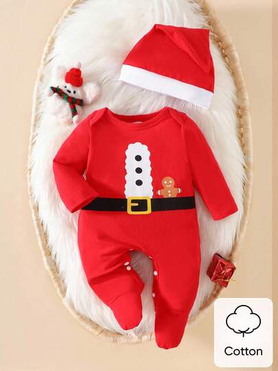 SHEIN 新生男宝宝红色长袖连体衣带腿套和同色帽子造型套装适合户外拍摄