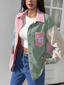 SHEIN EZwear 休闲多色落肩夹克，带口袋和衣领，适合日常穿着，灯芯绒夹克，女士夹克，秋冬拼色夹克 - 彩色 - 查看 4