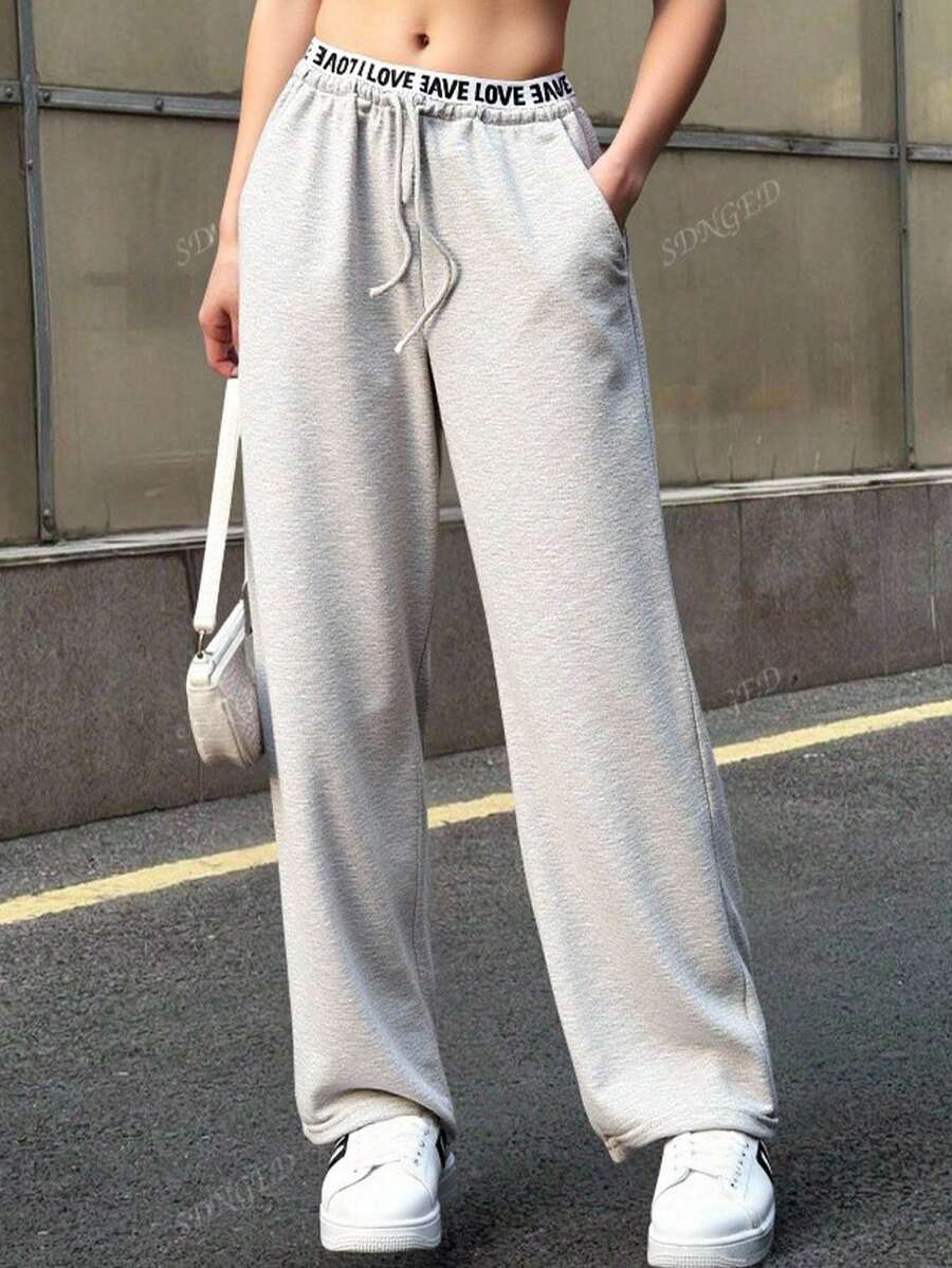 SHEIN Teens/Young Women Casual Street Style Solid Color All-Match Comfortable Sweatpants, Suitable For Commuting, School, Daily Casual, Travel, Sports, Autumn/Winter Grey Sweatpants Cute Sweatpants Comfy Pants Wide Leg Sweatpants Flare Sweatpants Fall