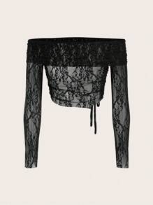 Coolane 女士夏季音乐会狂欢节外出文艺复兴博览会 Y2K 蕾丝露肩短款 T 恤 - 黑色 - 查看 7