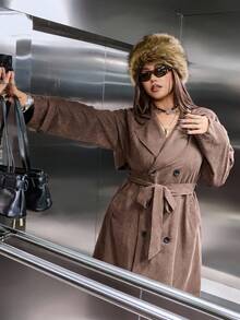 SHEIN EZwear Dwurzędowa wiatrówka z imitacji zamszu w dużym rozmiarze, na co dzień, jesień/zima - Brązowy - Zobacz 6