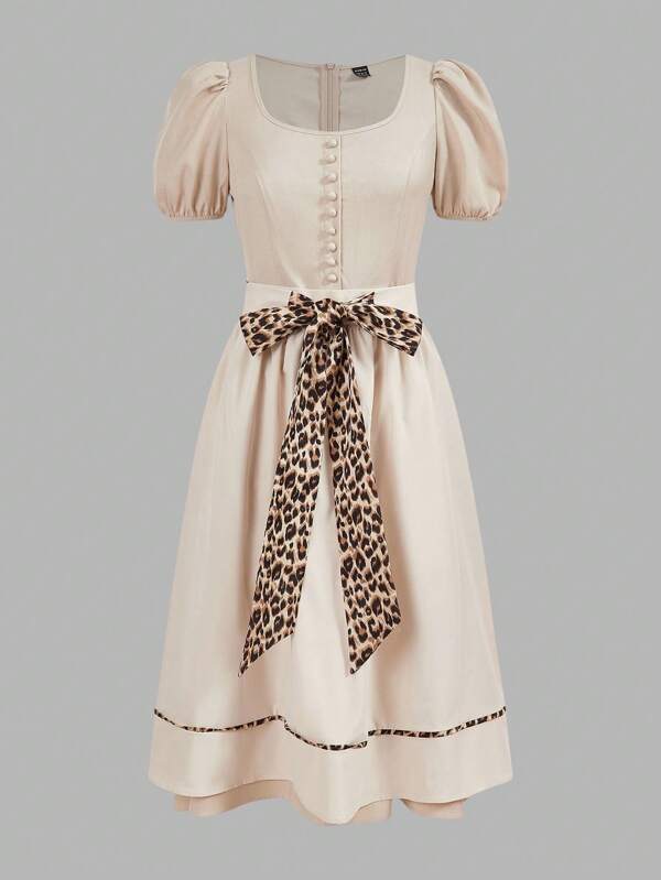 Fairmaia German Traditional Leopard Print Elegant Women Short Sleeve Dirndl Dress, For Oktober ,Aditional