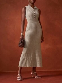 Zivah 2025 Nouvelle arrivée d'été, convient pour l'anniversaire, le style scolaire, le port quotidien, décontracté, les vacances, les croisières, la plage, le bronzage, le style de rue, élégant, le trajet, la tenue de bureau, col montant sans manches, mi-ouvert tube, coupe ajustée en forme de A, effet côtelé vertical, couleur kaki, robe en tricot d'été pour femmes en automne/hiver