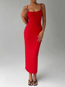 Flirla Solid Color Tight-Fit Spaghetti Strap Holiday Dress Maxi Women Outfit - Multicolor - View 4