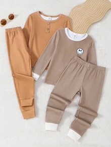 4pcs/Set Young Boy Casual Solid Color Patchwork Crew Neck Long Sleeve Top And Pants Homewear Set - Brown - View 2