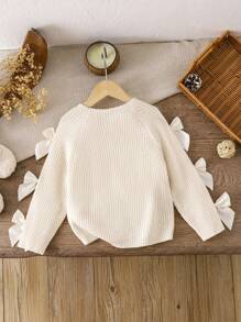 LMoss Kids LMoss Young Girl Solid Color Round Neck Bow Decor Casual Sweater, Fall Sweaters, Young Girl Fall Clothes Stitich Winter - White - View 2