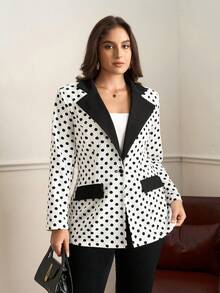 Chikora Blazer de mujer talla grande con cuello de solapa a lunares en blanco y negro, para otoño e invierno, para salir, para el trabajo, para la oficina, para profesionales de negocios - Blanco y Negro - Ver 1