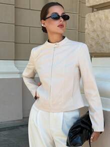 Lavishia Women's Casual Solid Color Long Sleeve Jacket, Suitable For Everyday Wear In Fall/Winter - Apricot - View 3