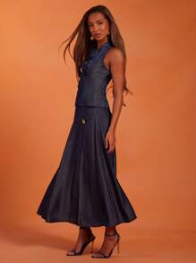 NYA SZN Set da donna (top e gonna) Top canotta con bottoni, gonna lunga e ampia a vita bassa, adatto per brunch, matrimoni, occasioni speciali e insegnanti - Castano - Visualizzare 5