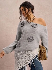 SHEIN VCAY 大码女装时尚3D立体花卉装饰不对称领长袖毛衣秋冬女式冬季毛衣手工3D花朵圣诞时尚灰色休闲仙女风露肩外出复古教师可爱西部波西米亚乡村简约基础款机场 - 灰色 - 查看 5