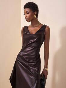 Zivah Dark Brown,Autumn,Elegant,Dining,Faux Leather Midi Dress,Draped Neck Sleeveless,Waist Cinched A-Line,Slit,Ruffle Asymmetric Hem,Fashionable PU Maxi - Brown - View 1