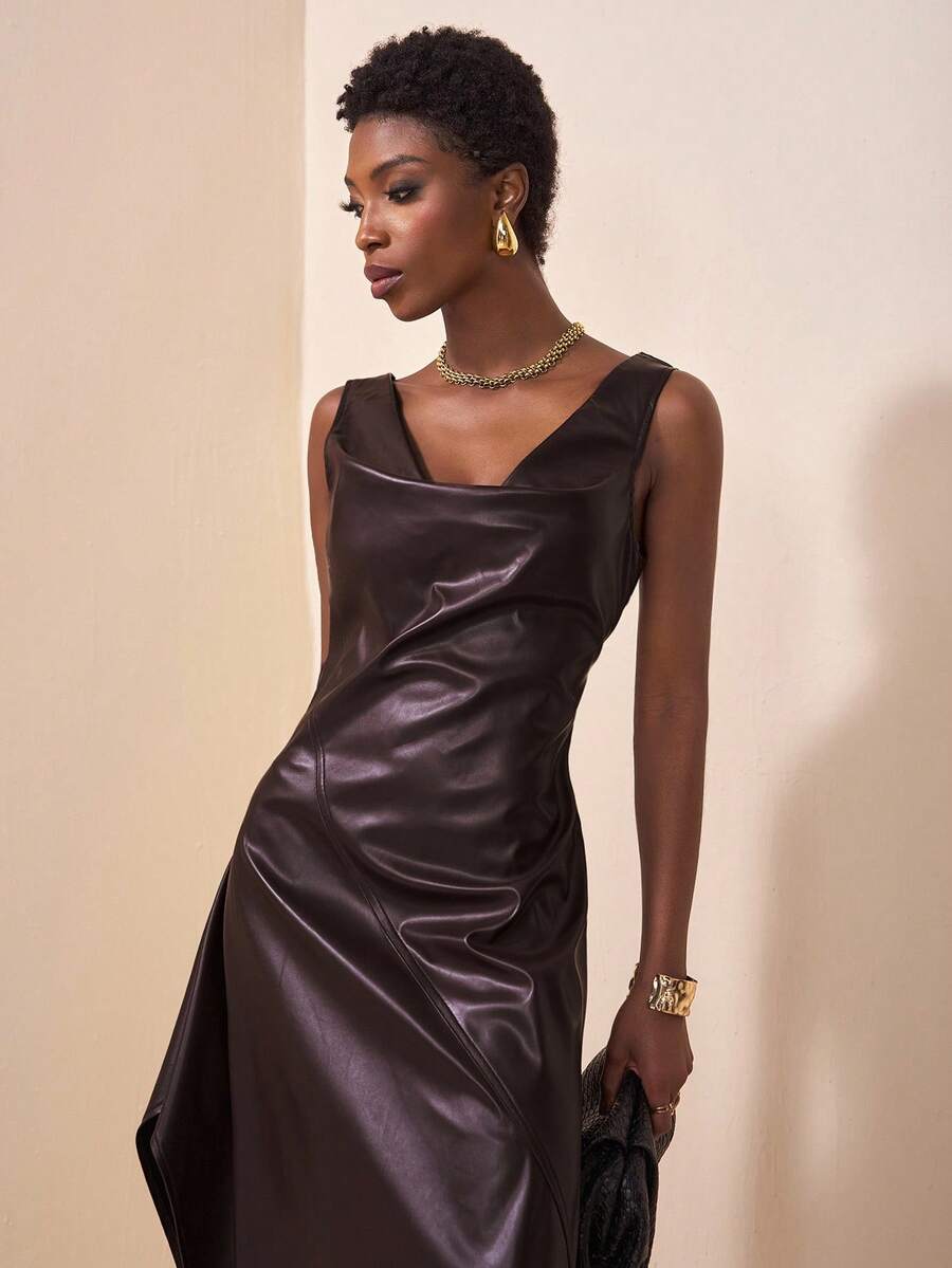 Zivah Dark Brown,Autumn,Elegant,Dining,Faux Leather Midi Dress,Draped Neck Sleeveless,Waist Cinched A-Line,Slit,Ruffle Asymmetric Hem,Fashionable PU Maxi - Brown - View 1
