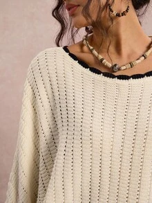 SHEIN VCAY 大码女式蝙蝠袖宽松休闲套头衫 - 米色 - 查看 3