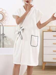 SHEIN Women White Short-Sleeve Bathrobe With Belt And Hem Border Summer Wedding Home Bathroom Decor Back To School - White - View 2