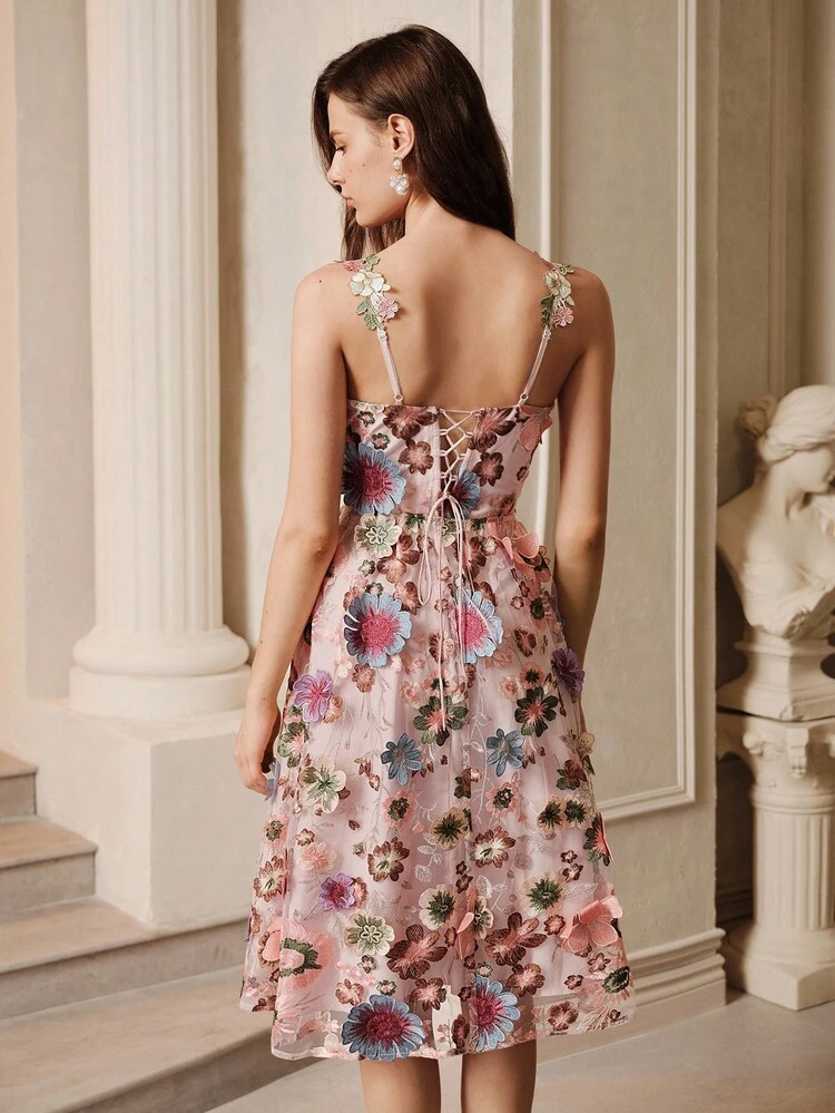 French Fashion Round Neck Sleeveless 3D Embroidered Floral Mesh Dress