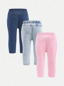 SHEIN 3件套女童Y2K浅蓝、藏蓝、粉色牛仔打底裤，秋季儿童休闲舒适服，舒适、休闲又时尚的度假装 - 彩色 - 查看 2