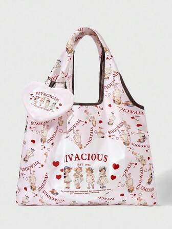 Kawaii Bolso de mano plegable con capacidad grande, diseño de niña con corazón de estilo de dibujos animados, color rosa, con monedero
