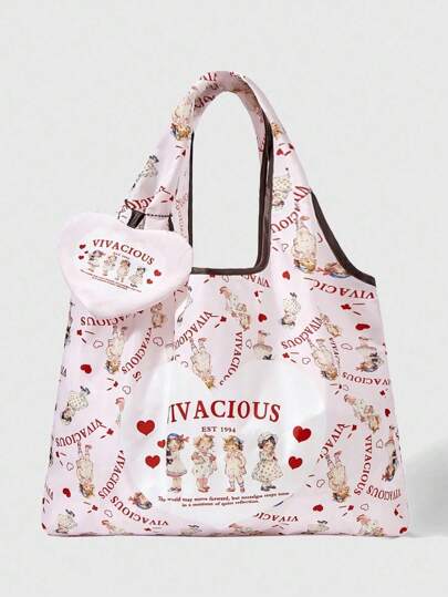Kawaii 2-Piece Cartoon American Girl Large Capacity Foldable Tote Bag With Coin Purse, 442464