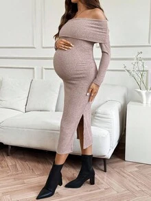 SHEIN Gaun Hamil Elegan Warna Pink, Gaun Kasual Musim Gugur Tanpa Bahu dengan Belahan Bergaris Lengan Panjang untuk Acara Baby Shower, Gaun Rajut Ketat Musim Gugur Musim Dingin - Berwarna merah muda - View 5