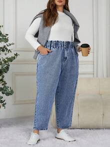 SHEIN CURVE+ 大码女式休闲时尚百搭简约松紧腰牛仔裤