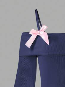 Tween Girl New Long-Sleeved Top With Suspenders, Off-The-Shoulder Design And Bowknot For Tween Girls Is On The Market. It's Comfortable, Fashionable, Elegant, Sweet, Cute, Lively, Unique And A Must-Have For And Dressing Up. - Royal Blue - View 3