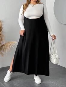 SHEIN CURVE+ 大码女式复古休闲毛衣裙，基本款黑色吊带开衩连衣裙，适合外出和运动 - 黑色 - 查看 3