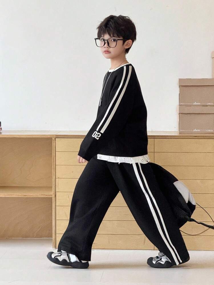 Kids Fall Clothes, Tween Boys Fleece Sweatshirt & Pants Sports Suit, Casual Loose Fit Colorblock Street Style Outfit, Autumn