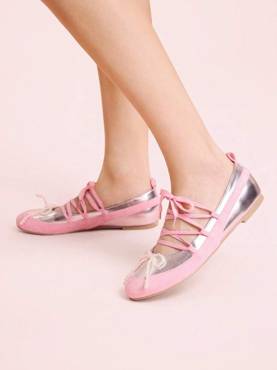 CUCCOO DOLLMOD Women's Pink Metallic Color-Blocking Suede Mary Jane Flats With Pearl Decor, Romantic Fashion Flat Shoes For Spring/Autumn - Silver - View 1