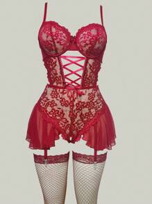 SHEIN 3pcs Set: Lace Patchwork Ruffle Hem Slit Bodysuit With Garter Belt + 2pcs Fishnet Stockings, Party Outfit, Going Out Red Lingerie Dress Red Lace Lingerie Babydoll Lingerie Set Burgundy Lingerie Erotic Lingerie - Burgundy - View 3