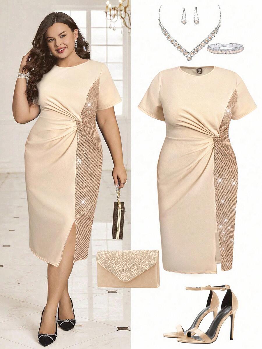 Ellevyn Robe d'été élégante grande taille avec patchwork de sequins, torsade à l'avant et fente - Champagne - Voir 1