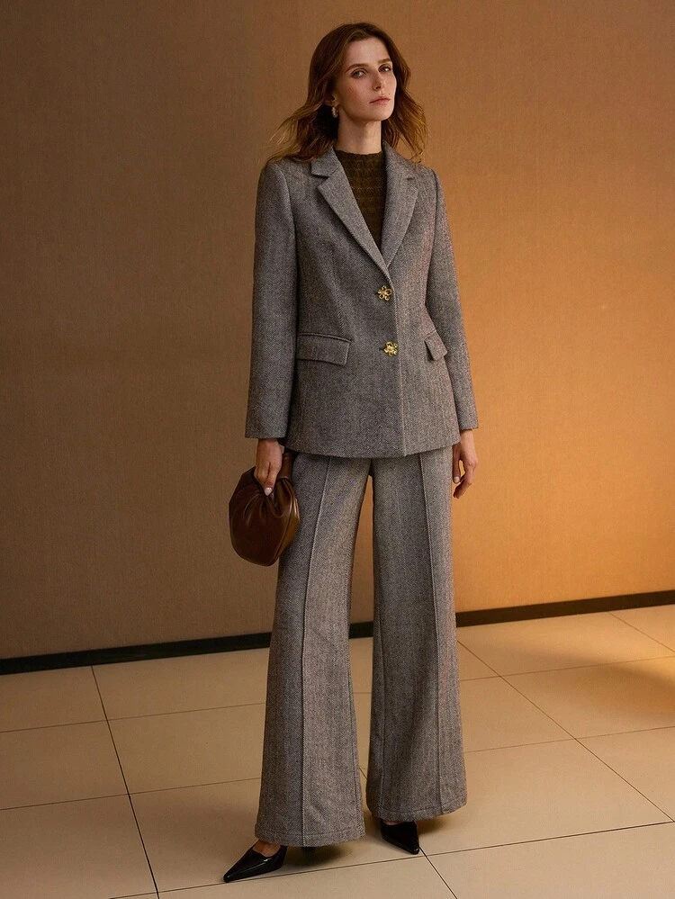 WOMEN'S HERRINGBONE WOOL BLEND BUCKLE DETAIL SEAM FRONT WIDE LEG SUIT PANTS