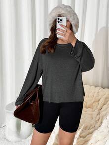 Auralis 2pcs Plus Size Women Solid Color Cutout Back Dropped Shoulder Long Sleeve T-Shirt And Shorts Set - Multicolor - View 5