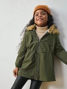 Maija Kids 少女仿皮草衬里长款连帽大衣 - 軍綠色 - 查看 1
