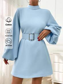 EURMUSE Ladies' Stand Collar Ruffled Sleeve Belted Dress - Baby Blue - View 1