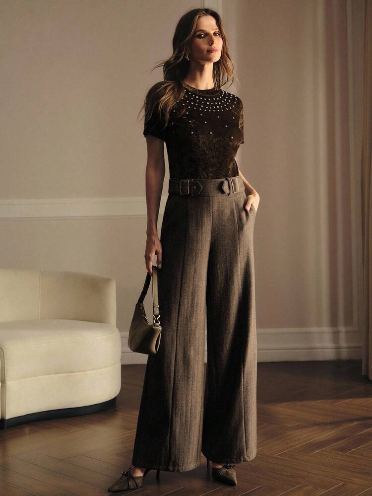 HERRINGBONE WIDE LEG PANTS
