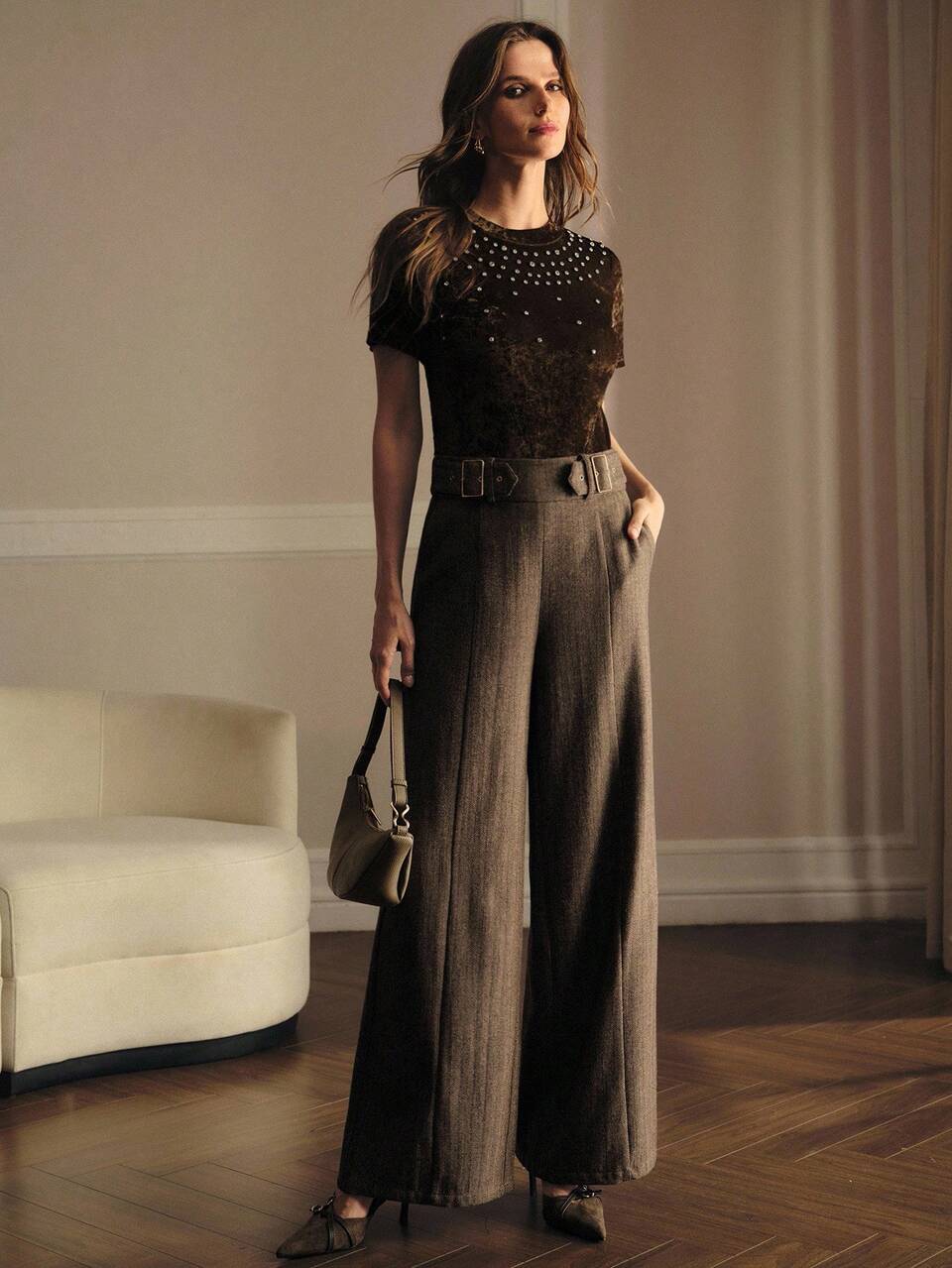 HERRINGBONE WIDE LEG PANTS
