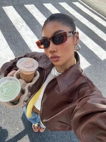 Muchica 秋季棕色水洗PU皮革女士落肩短款时尚百搭夹克 万圣节商务休闲夹克 - 棕色 - 查看 3