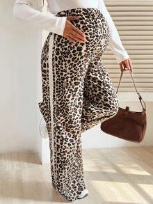 SHEIN Autumn And Winter Maternity Leopard Print Elastic Waist Casual Side Stripe Pants Maternity Cheetah Print Pants Maternity Two Piece Sets Leopard Print Maternity Pants Maternity Clothes Two Piece Suits Maternity Leopard Print Pants - Khaki - View 4