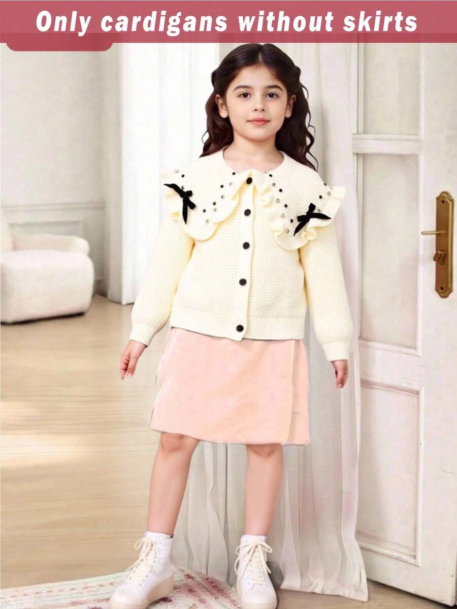 Cardigan a contrasto bianco e nero carino per ragazze, cardigan lavorato a maglia con collo rotondo, maniche lunghe, grandi risvolti, texture a volant e decorazione con fiocco, cardigan in maglia caldo e confortevole - Bianco - Visualizzare 1