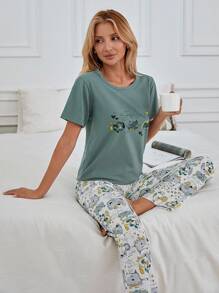 EURMUSE 2Pcs Cotton Cute Animals Printed Shirt And Animals Printed Sleep Bottom Homewear PJ Set - Green - View 6