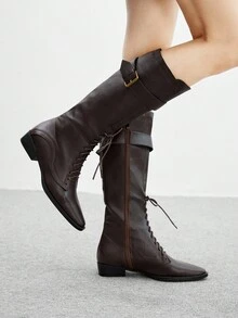 CUCCOO BIZCHIC Giày bốt cao đến đầu gối màu nâu chất lượng cao, giày bốt nữ đế bằng mũi nhọn thanh lịch, giày bốt dài thời trang đa năng kiểu mới, thể hiện nét quyến rũ nữ tính và thanh lịch - màu nâu - Xem 5