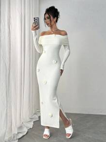 Rafferiza Elegant Work Apricot Color Off-Shoulder Long Sleeve Floral Elastic Fitted Dress, Autumn Winter Maxi Women Outfit Fall Cloth For Women - Apricot - View 3