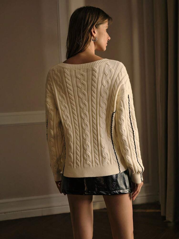 ELEGANT CONTRAST TRIM V-NECK SWEATER, VINTAGE STYLE, AUTUMN/WINTER