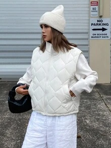 DAZY Women's Quilted Sleeveless Padded Coat With Stand Collar, Autumn/Winter Jacket Vest Vacation - White - View 7