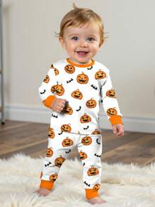 SHEIN Young Boy White Halloween Pajama Set,Cute Pumpkin Head Little Bats Pattern Snug Fit Long Sleeve Crew Neck - Multicolor - View 2