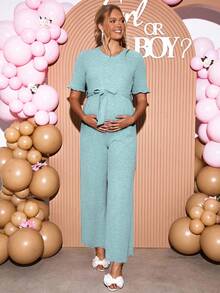 Loomaby Pregnant Women Casual Solid Color Short Sleeve Jumpsuit Gender Reveal Dress Maternity Dress Baby Shower Dress - Blue - View 1