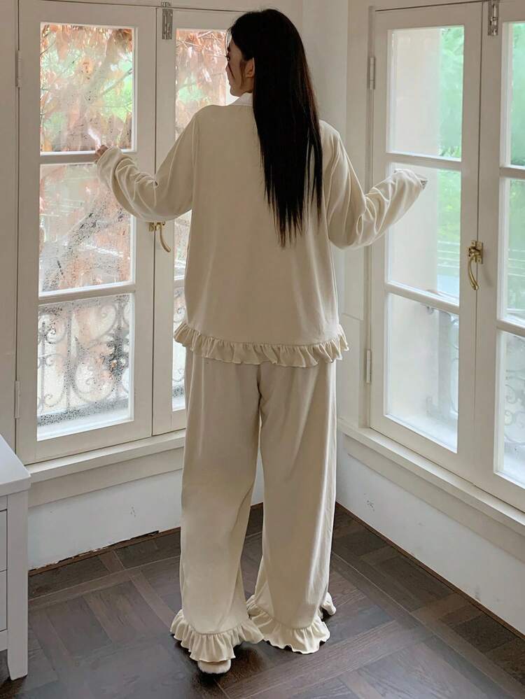 Dazy Plus Contrast Color Patchwork Shirt Collar Loose Ruffle Hem Casual Top & Wide Leg Pants Warm Pajama Set, Plus Size Women Spring/Fall Sleepwear