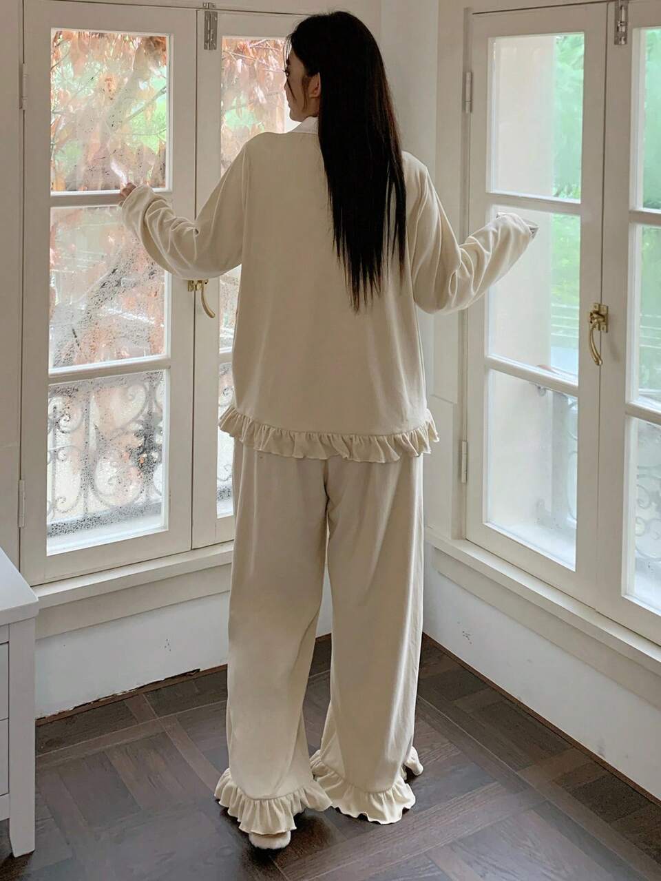 Dazy Plus Contrast Color Patchwork Shirt Collar Loose Ruffle Hem Casual Top & Wide Leg Pants Warm Pajama Set, Plus Size Women Spring/Fall Sleepwear