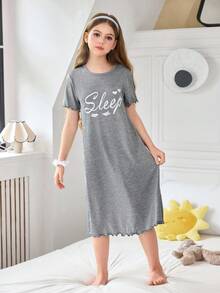 SHEIN 女童趣味字母印花休闲短袖睡裙 - 灰色 - 查看 5